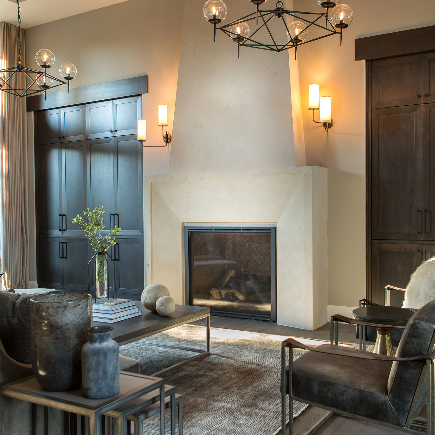 This luxury modern farmhouse living room in Happy Valley offers a blend of clean uncomplicated modern lines and a touch of farmhouse architectural details