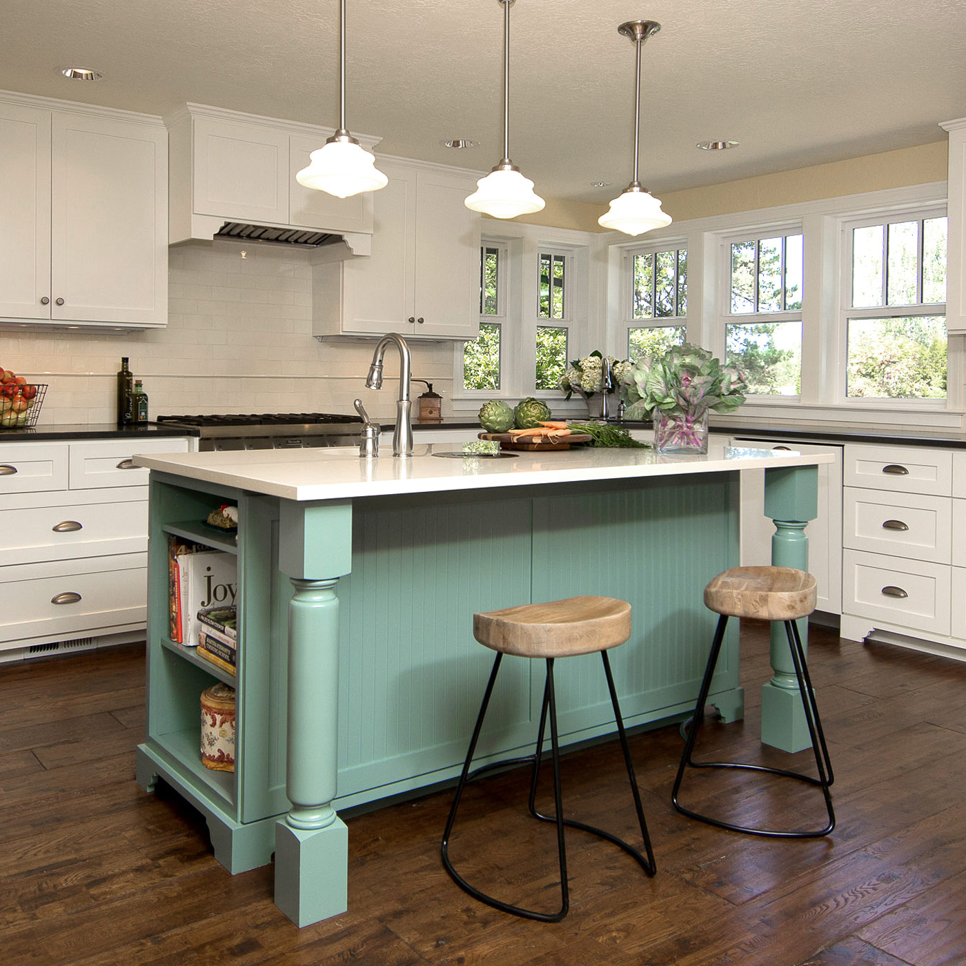 Brand new remodeled vintage farmhouse kitchen in newberg features cottage and retro cabinetry and light fixtures