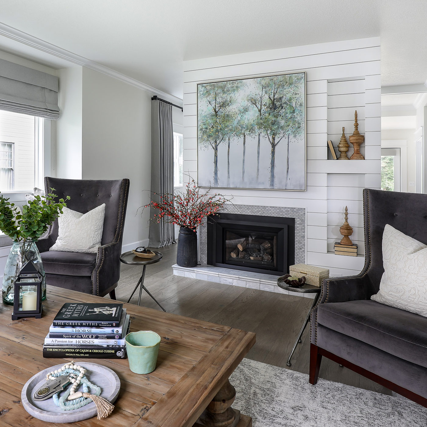 vintage modern farmhouse remodel in hawthorne with updated furnishings, window treatments and accessories in a blend of clean lines and relaxed style
