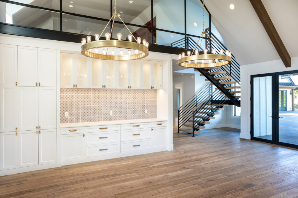 modern farmhouse dining room with white cabinets