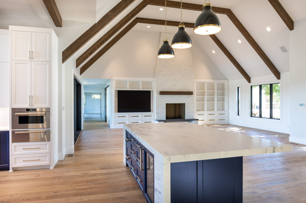 modern farmhouse kitchen and family room open plan