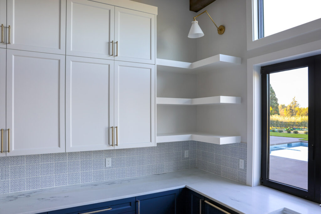 modern farmhouse kitchen white cabinets and shelves