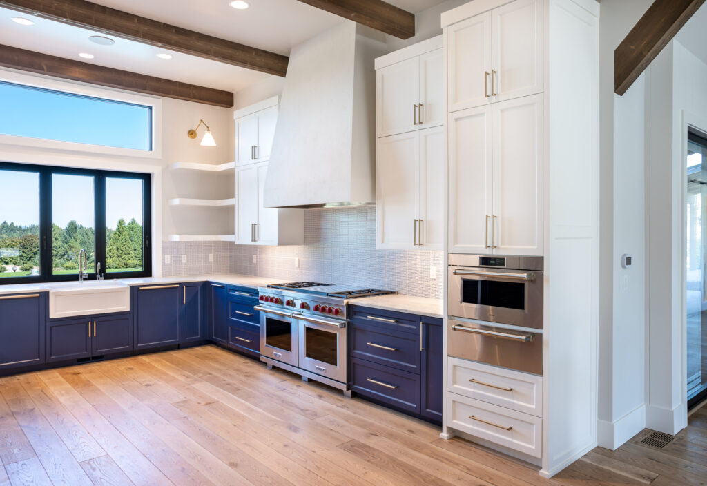 modern farmhouse kitchen with tall light and dark cabinets