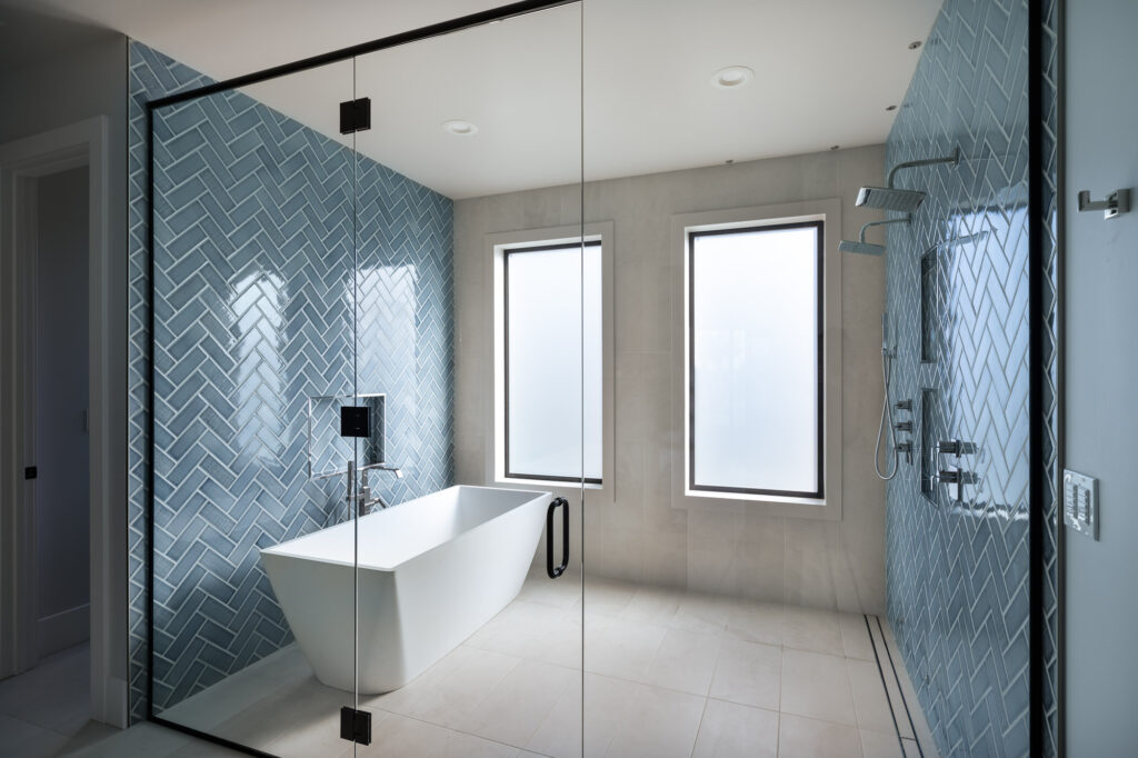 modern farmhouse large shower with tub in concrete and tiles