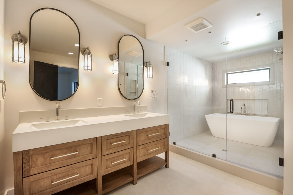 modern farmhouse master bath with integrated tub and shower