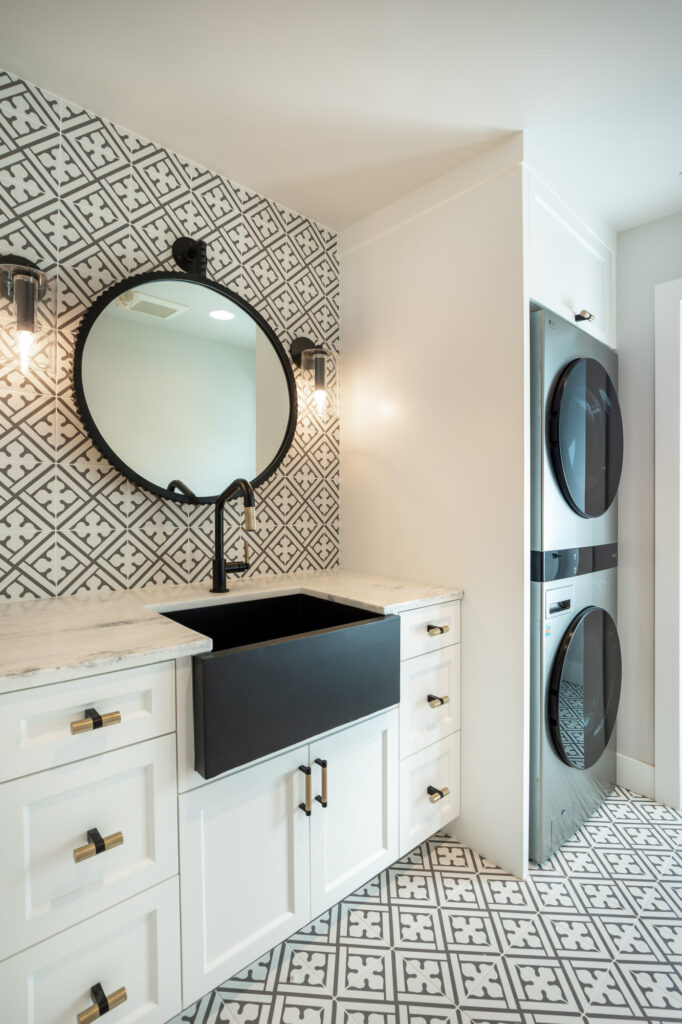 modern farmhouse guest bathroom with laundry