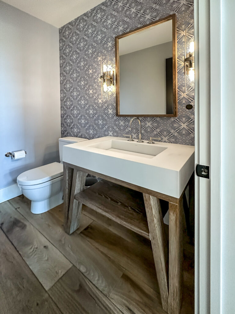 modern farmhouse powder room with rustic sink